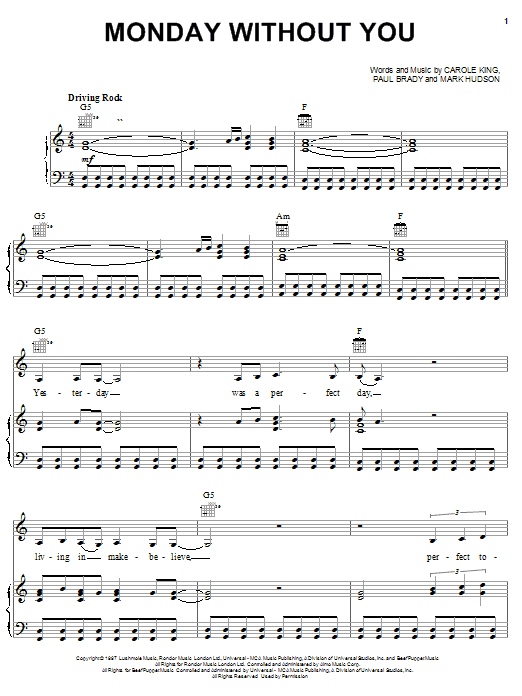 Learn to play Carole King Monday Without You sheet music for Piano, Vocal & Guitar (Right-Hand Melody) in minutes. Carole King Monday Without You sheet music preview music notes and score for Piano, Vocal & Guitar (Right-Hand Melody) including 7 page(s)