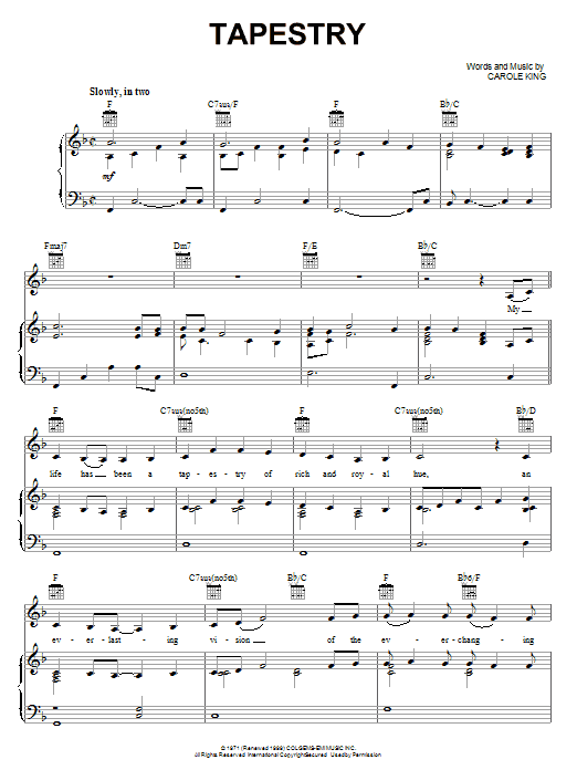 Learn to play Carole King Tapestry sheet music for Piano, Vocal & Guitar (Right-Hand Melody) in minutes. Carole King Tapestry sheet music notes and chords