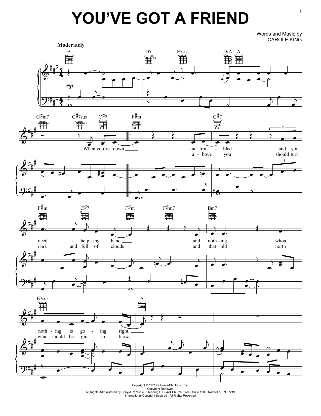 Learn to play Carole King You've Got A Friend sheet music for Piano, Vocal & Guitar (Right-Hand Melody) in minutes. Carole King You've Got A Friend sheet music notes and chords