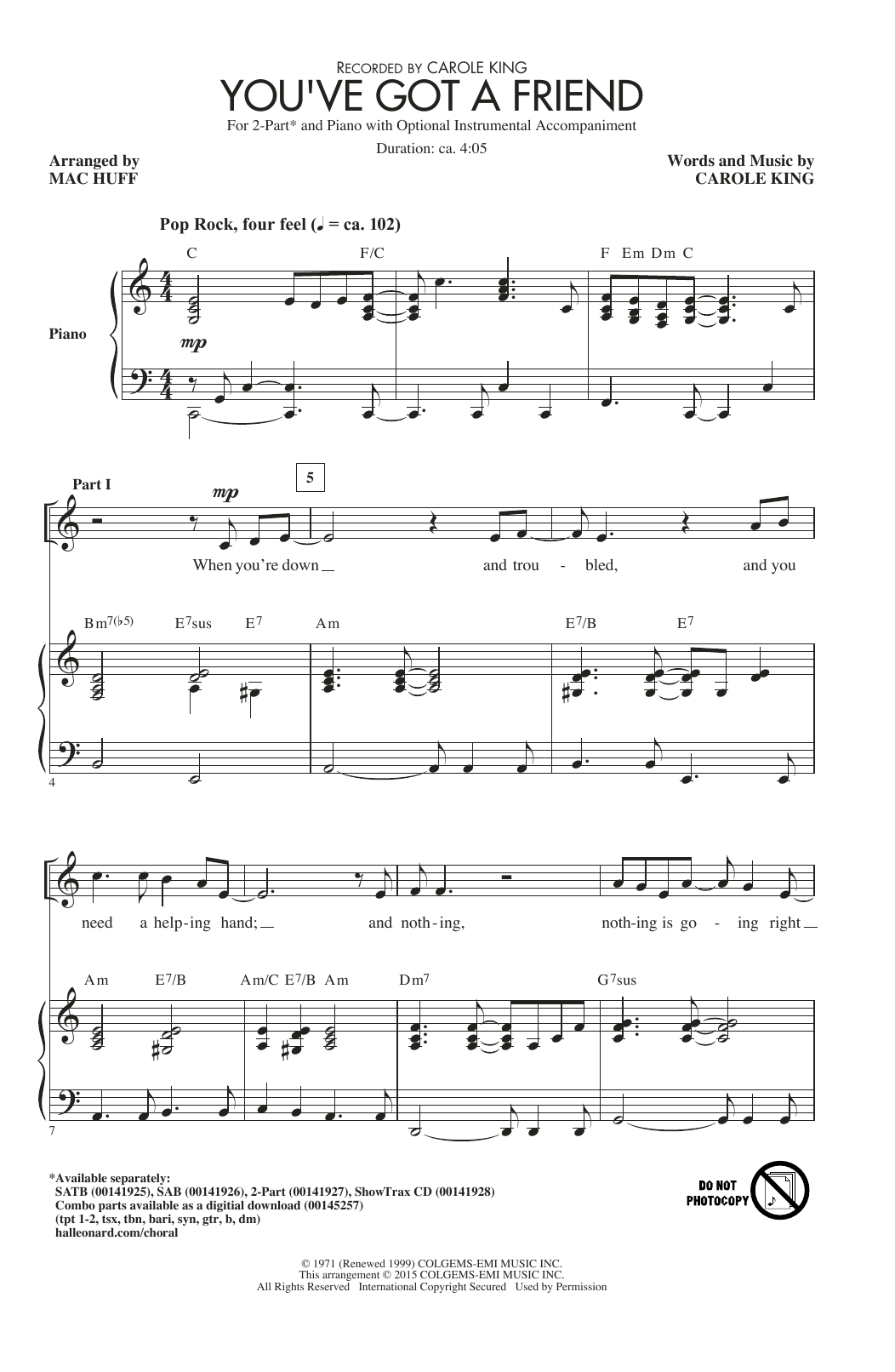 Carole King You Ve Got A Friend Arr Mac Huff Sheet Music Download Printable Pdf Music Notes Score Chords