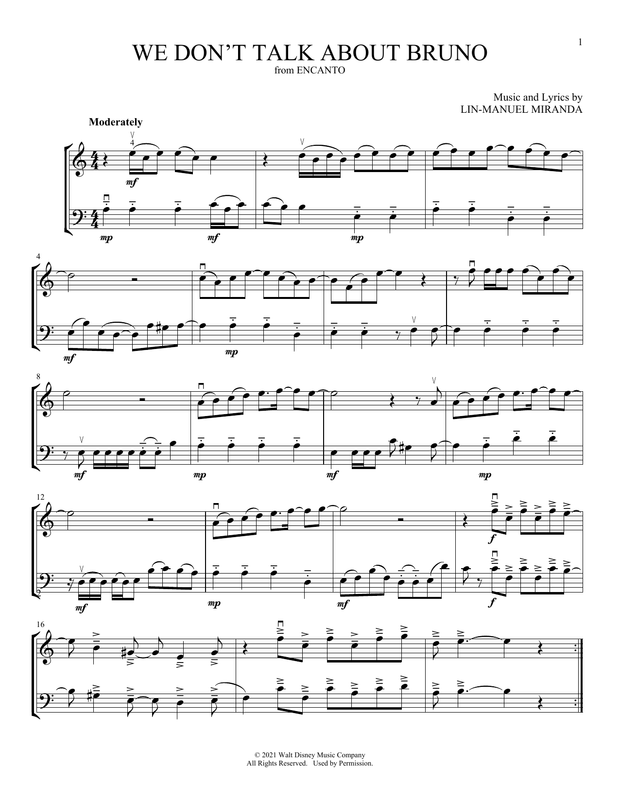 Carolina Gaitan, Mauro Castillo, Adassa, Rhenzy We Don't Talk About Bruno (from Encanto) (arr. Michelle Hynson) sheet music, chords, lyrics - Printable PDF for Instrumental Duet