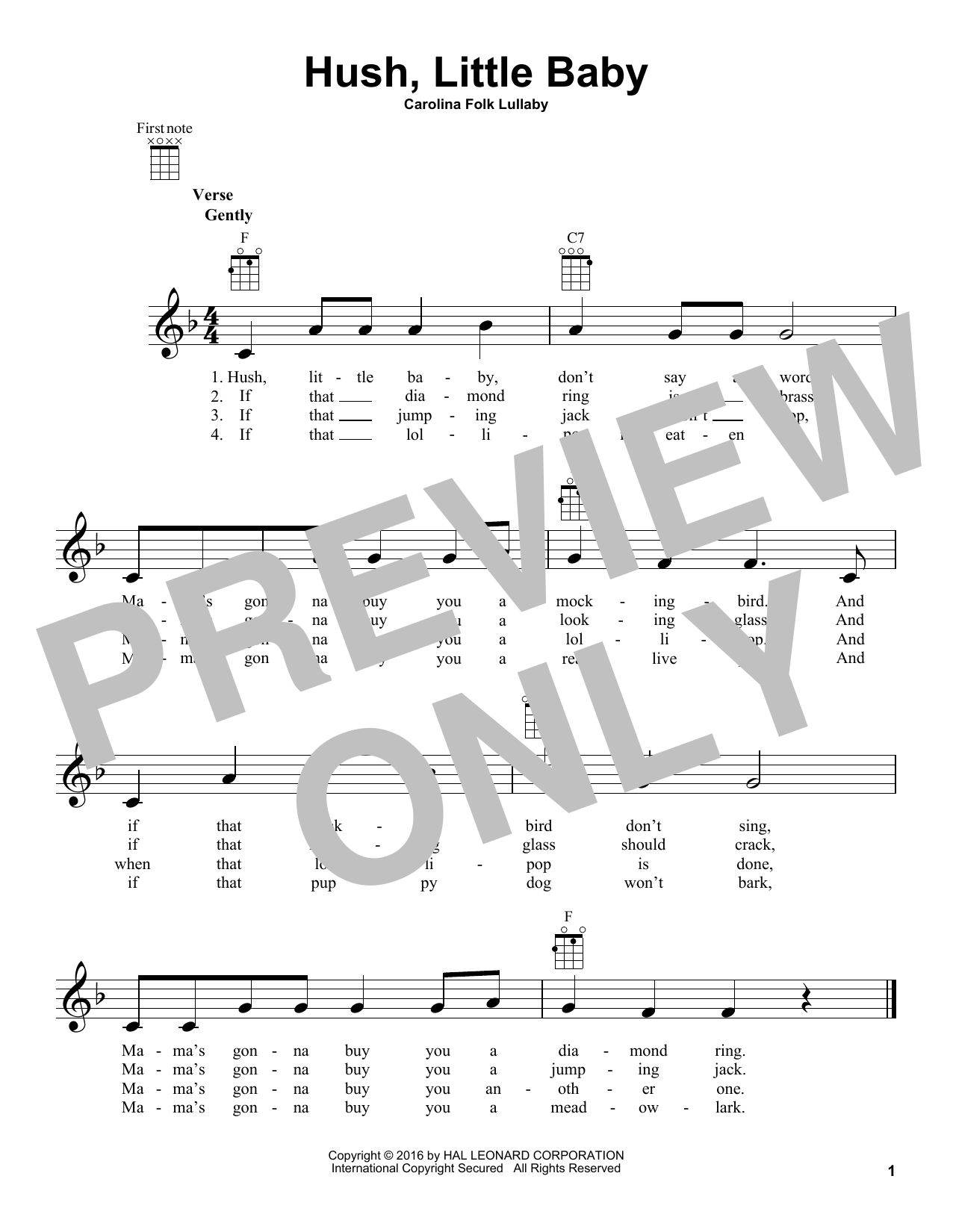 Carolina Folk Lullaby Hush Little Baby Sheet Music Download Printable Pdf Music Notes Score Chords 177590