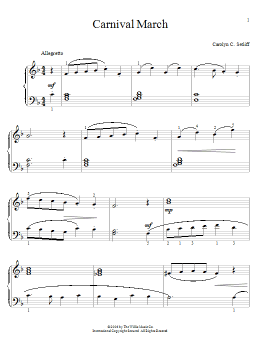 Learn to play Carolyn C. Setliff Carnival March sheet music for Easy Piano in minutes. Carolyn C. Setliff Carnival March sheet music preview music notes and score for Easy Piano including 3 page(s)