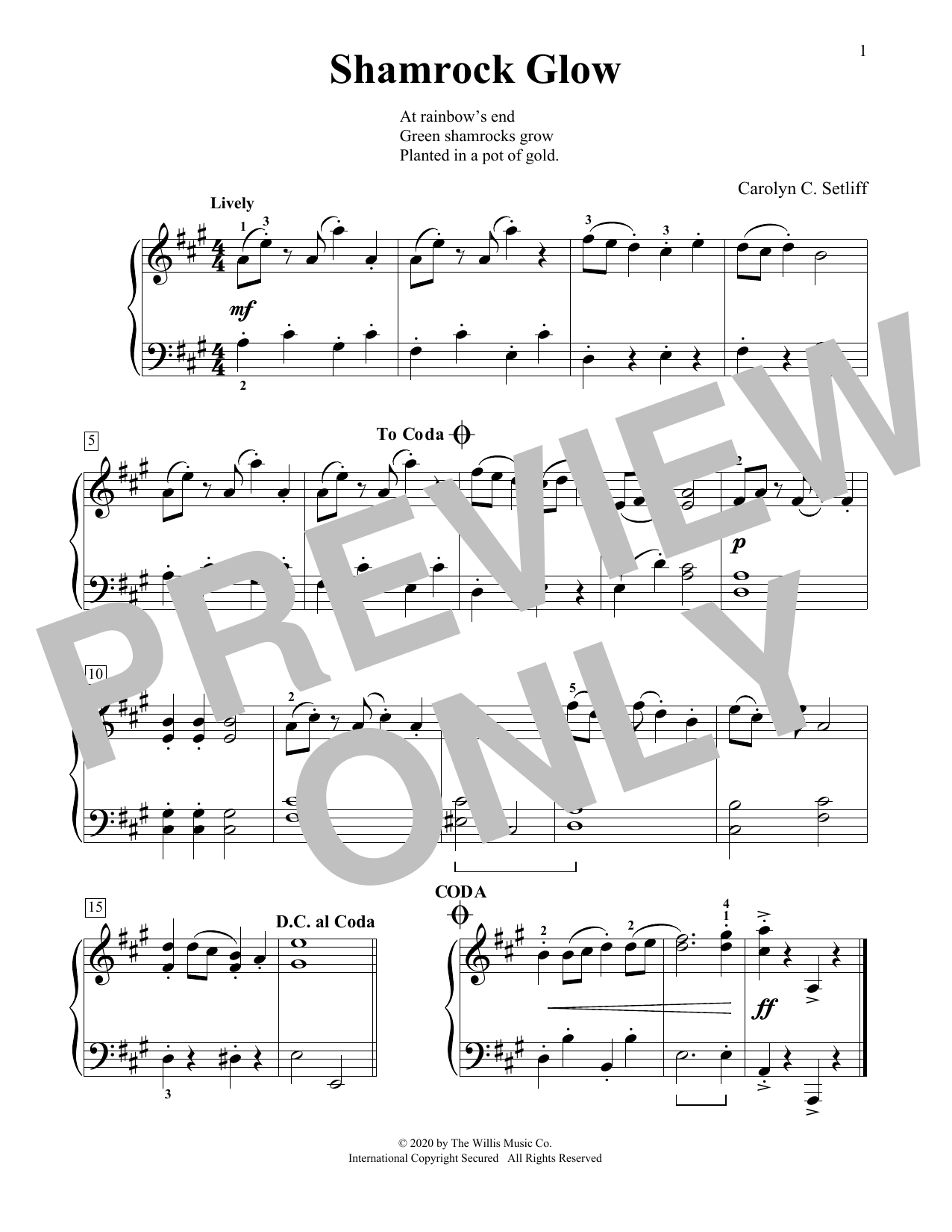 Carolyn C. Setliff Shamrock Glow sheet music preview music notes and score for Educational Piano including 1 page(s)