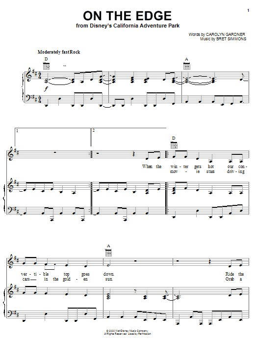Learn to play Carolyn Dawn Gardner On The Edge (from Disney's California Adventure Park) sheet music for Piano, Vocal & Guitar (Right-Hand Melody) in minutes. Carolyn Dawn Gardner On The Edge (from Disney's California Adventure Park) sheet music preview music notes and score for Piano, Vocal & Guitar (Right-Hand Melody) including 6 page(s)