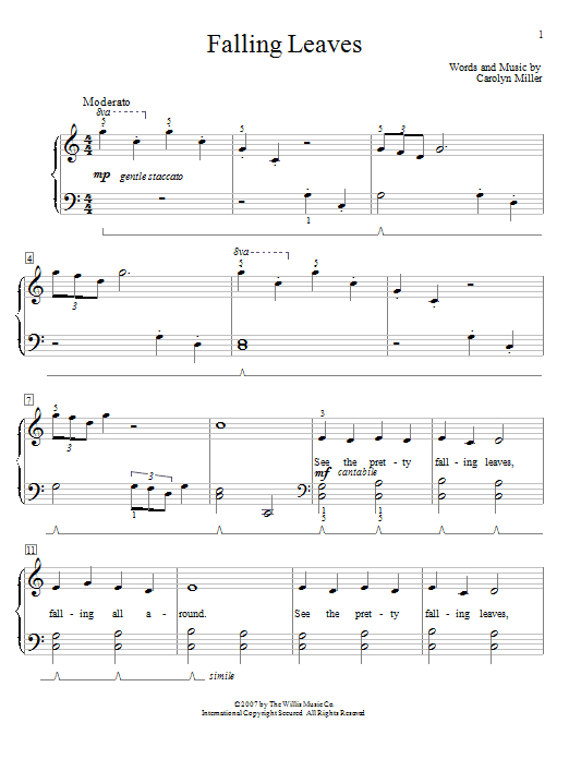 Learn to play Carolyn Miller Falling Leaves sheet music for Piano in minutes. Carolyn Miller Falling Leaves sheet music preview music notes and score for Piano including 2 page(s)