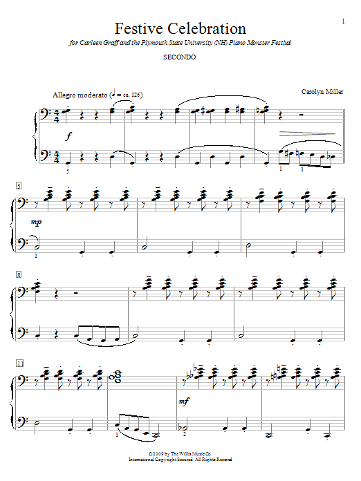 Learn to play Carolyn Miller Festive Celebration sheet music for Piano Duet in minutes. Carolyn Miller Festive Celebration sheet music preview music notes and score for Piano Duet including 4 page(s)