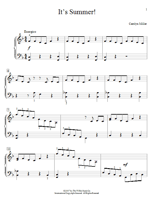 Learn to play Carolyn Miller It's Summer! sheet music for Piano in minutes. Carolyn Miller It's Summer! sheet music preview music notes and score for Piano including 3 page(s)