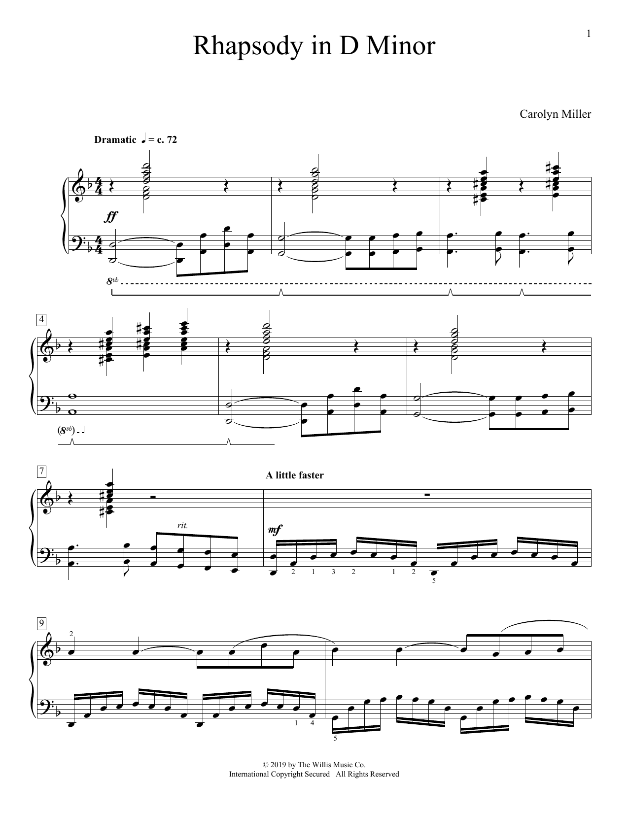 Learn to play Carolyn Miller Rhapsody In D Minor sheet music for Educational Piano in minutes. Carolyn Miller Rhapsody In D Minor sheet music preview music notes and score for Educational Piano including 6 page(s)