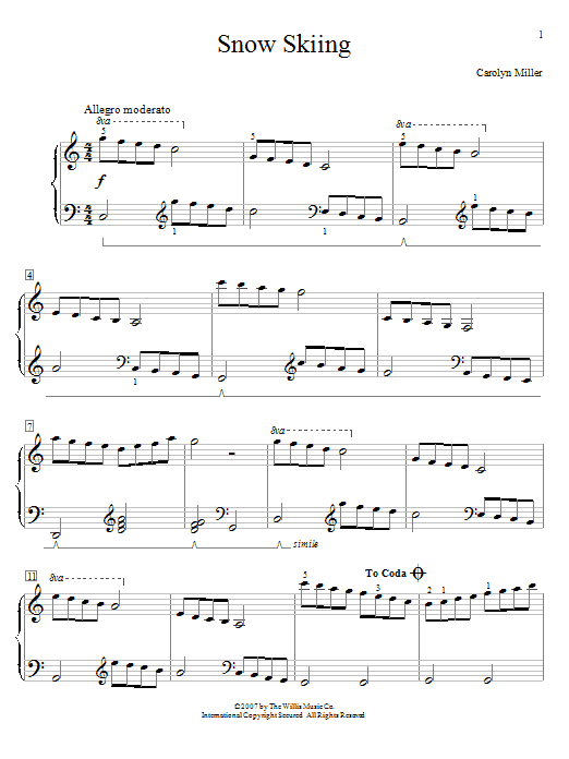Learn to play Carolyn Miller Snow Skiing sheet music for Piano in minutes. Carolyn Miller Snow Skiing sheet music preview music notes and score for Piano including 2 page(s)