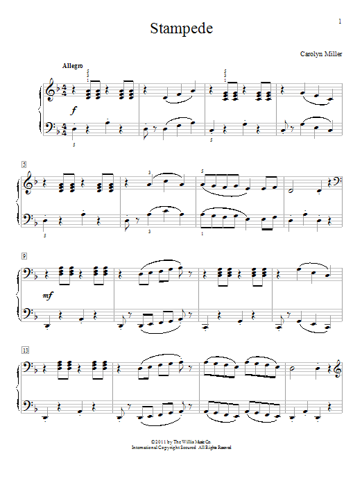 Learn to play Carolyn Miller Stampede sheet music for Piano in minutes. Carolyn Miller Stampede sheet music preview music notes and score for Piano including 3 page(s)