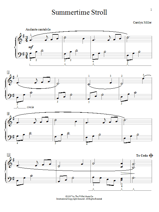 Learn to play Carolyn Miller Summertime Stroll sheet music for Piano in minutes. Carolyn Miller Summertime Stroll sheet music preview music notes and score for Piano including 3 page(s)
