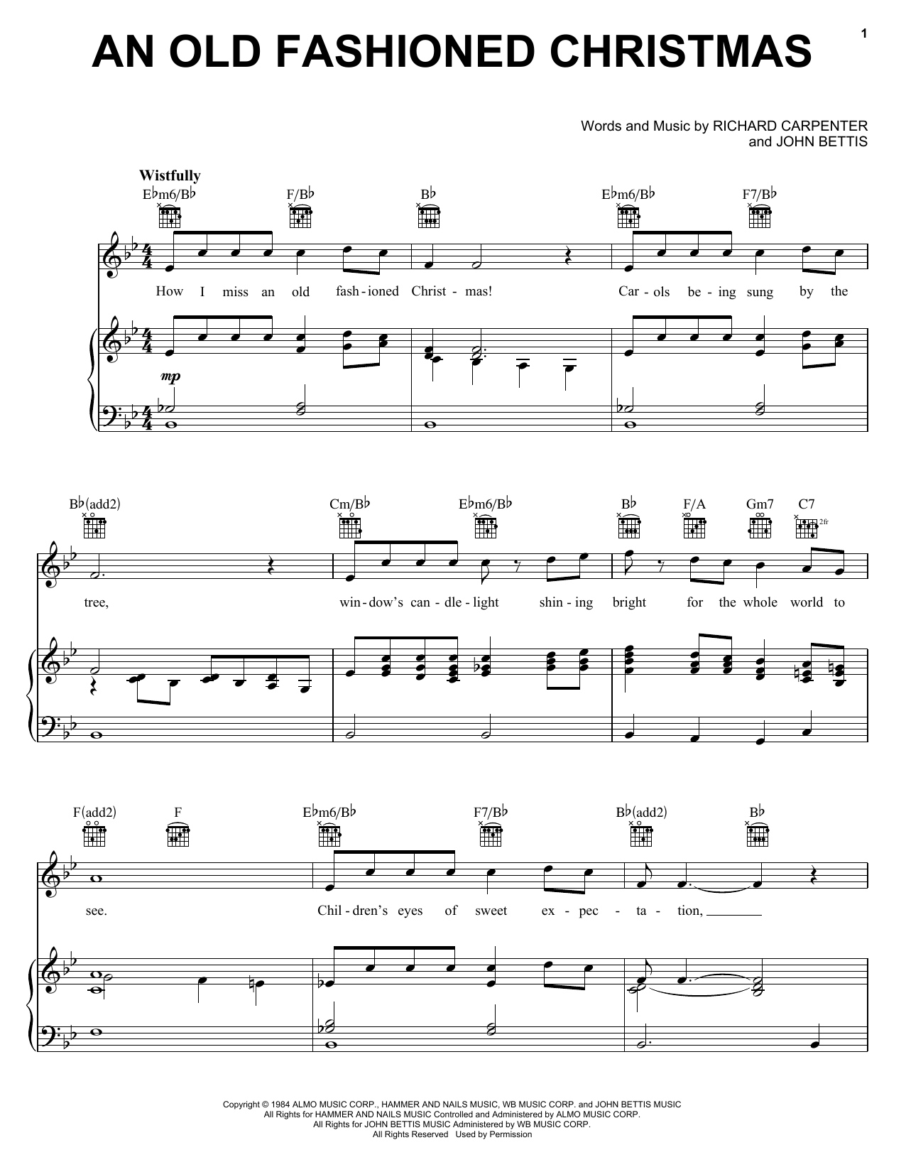 Learn to play Carpenters An Old Fashioned Christmas sheet music for Piano, Vocal & Guitar (Right-Hand Melody) in minutes. Carpenters An Old Fashioned Christmas sheet music notes and chords