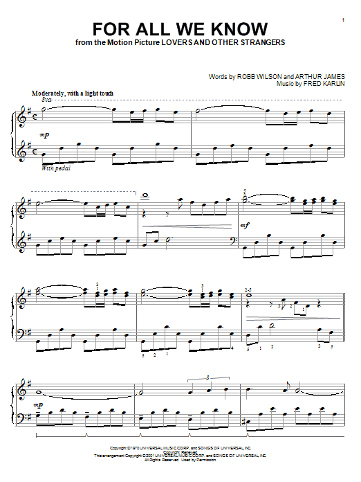 Learn to play Carpenters For All We Know sheet music for Piano, Vocal & Guitar (Right-Hand Melody) in minutes. Carpenters For All We Know sheet music notes and chords