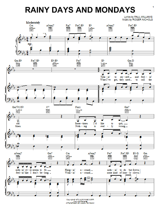 Learn to play Carpenters Rainy Days And Mondays sheet music for Piano, Vocal & Guitar (Right-Hand Melody) in minutes. Carpenters Rainy Days And Mondays sheet music notes and chords
