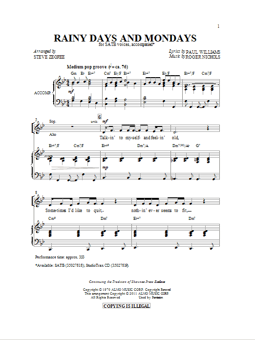 Learn to play Steve Zegree Rainy Days And Mondays sheet music for SATB in minutes. Steve Zegree Rainy Days And Mondays sheet music preview music notes and score for SATB including 10 page(s)