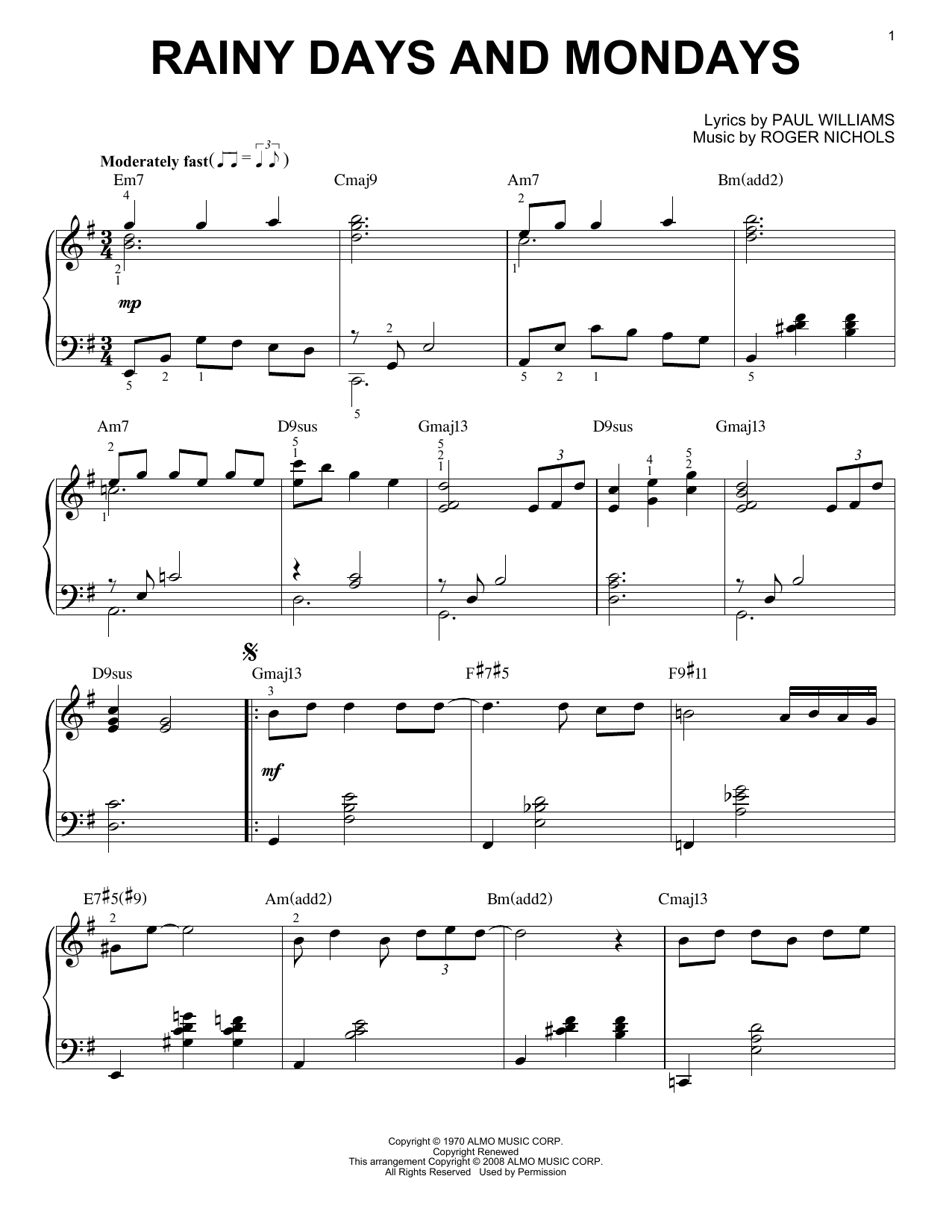 Learn to play Carpenters Rainy Days And Mondays sheet music for Piano in minutes. Carpenters Rainy Days And Mondays sheet music notes and chords