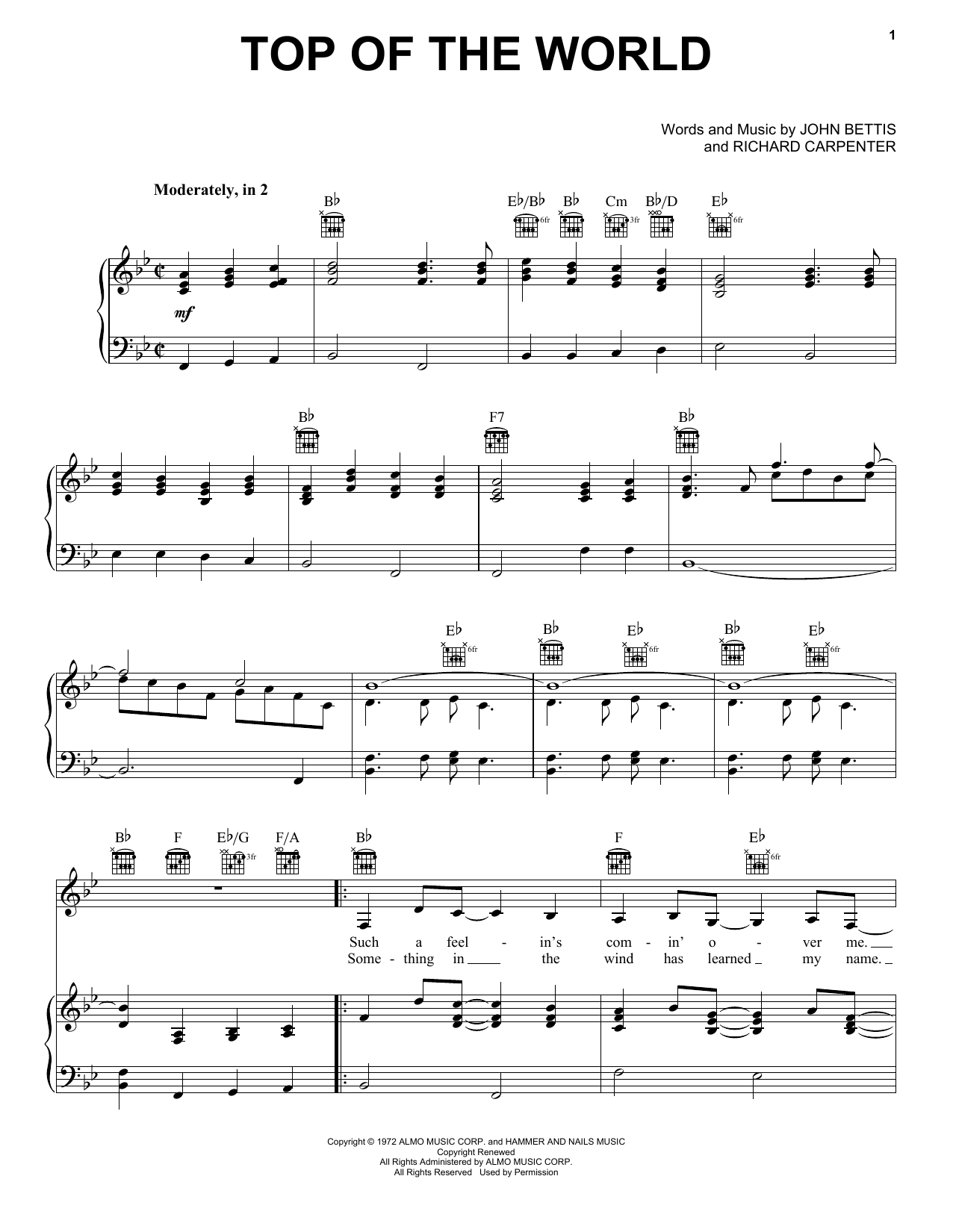 Learn to play Carpenters Top Of The World sheet music for Piano, Vocal & Guitar (Right-Hand Melody) in minutes. Carpenters Top Of The World sheet music notes and chords