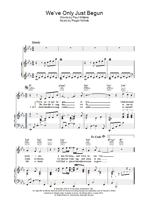 Learn to play Carpenters We've Only Just Begun sheet music for Piano, Vocal & Guitar (Right-Hand Melody) in minutes. Carpenters We've Only Just Begun sheet music preview music notes and score for Piano, Vocal & Guitar (Right-Hand Melody) including 3 page(s)