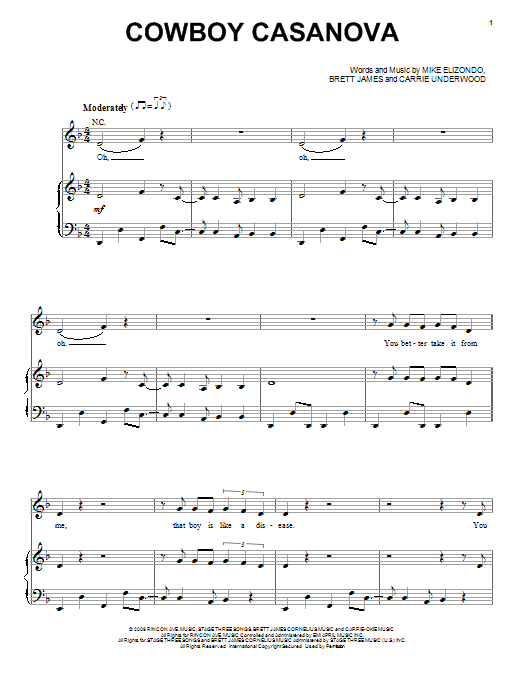 Learn to play Carrie Underwood Cowboy Casanova sheet music for Piano, Vocal & Guitar (Right-Hand Melody) in minutes. Carrie Underwood Cowboy Casanova sheet music preview music notes and score for Piano, Vocal & Guitar (Right-Hand Melody) including 8 page(s)