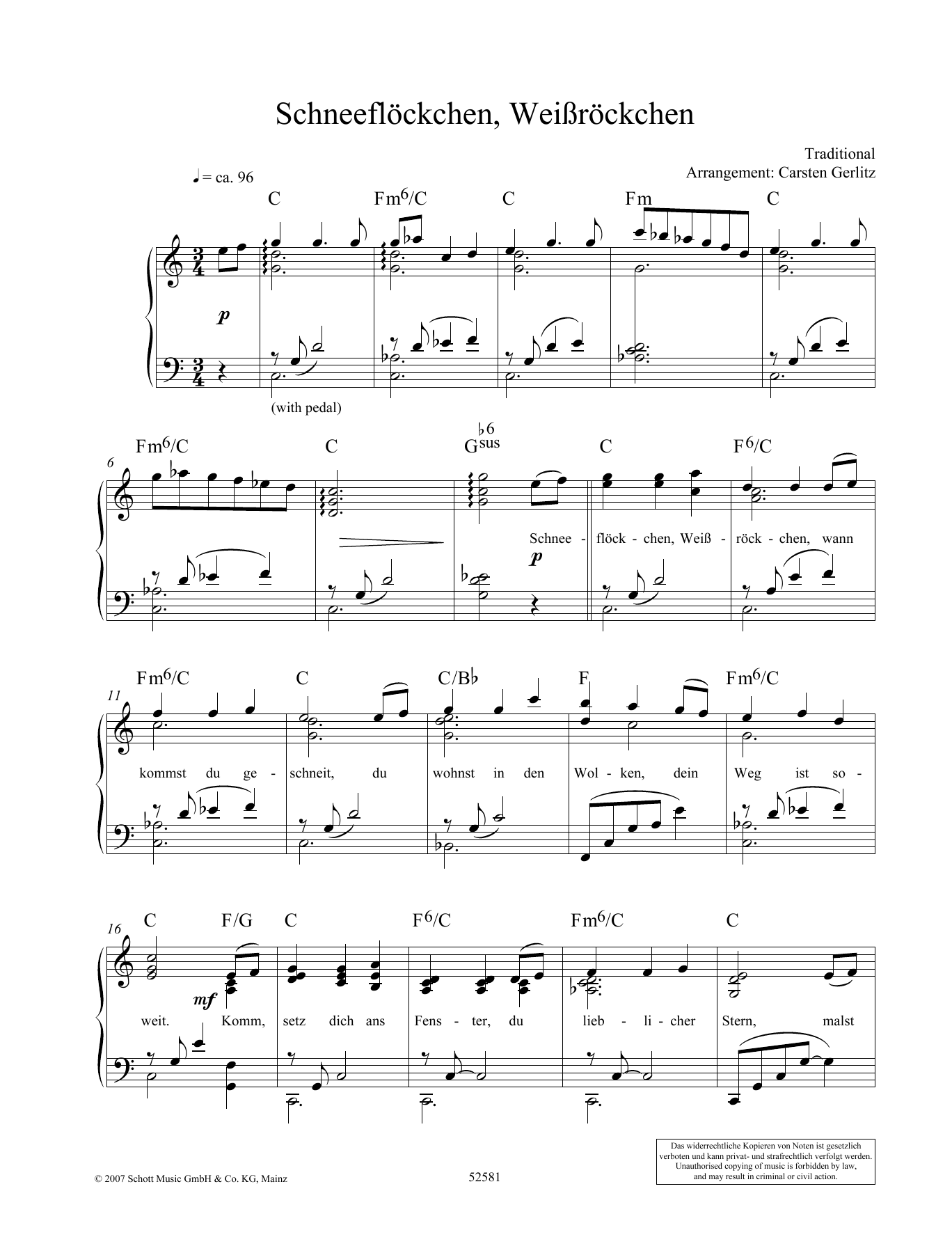 Carsten Gerlitz Schneeflöckchen, WeiÀröckchen sheet music, chords, lyrics - Printable PDF for Piano Solo