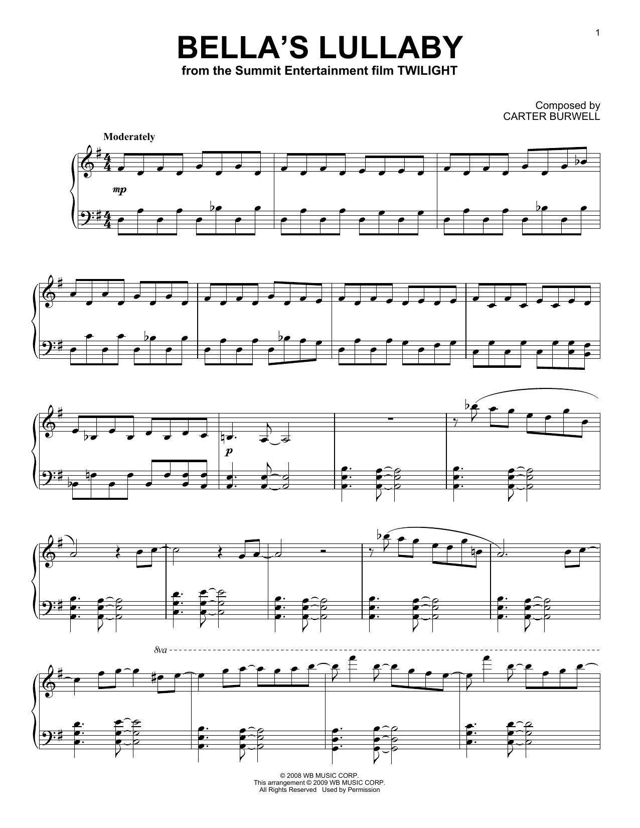 Learn to play Carter Burwell Bella's Lullaby sheet music for Piano in minutes. Carter Burwell Bella's Lullaby sheet music preview music notes and score for Piano including 2 page(s)