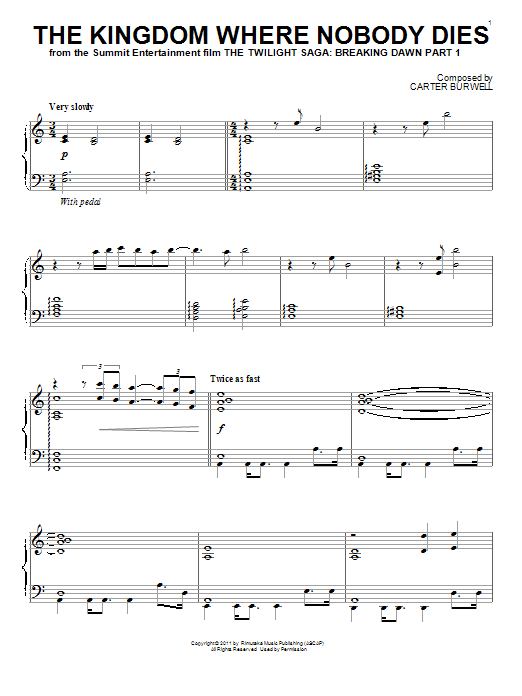 Learn to play Carter Burwell The Kingdom Where Nobody Dies sheet music for Piano in minutes. Carter Burwell The Kingdom Where Nobody Dies sheet music preview music notes and score for Piano including 2 page(s)