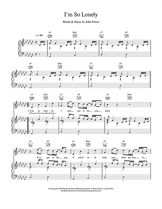 Learn to play Cast I'm So Lonely sheet music for Piano, Vocal & Guitar (Right-Hand Melody) in minutes. Cast I'm So Lonely sheet music notes and chords