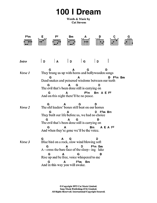 Cat Stevens 100 I Dream sheet music, chords, lyrics - Printable PDF for Lyrics & Chords