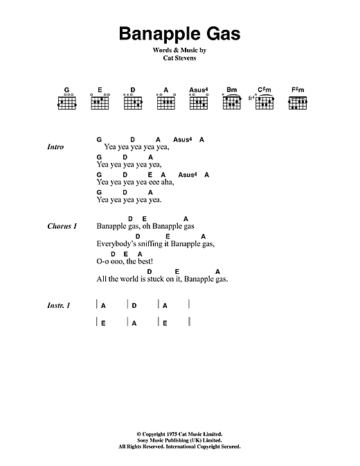 Cat Stevens Banapple Gas sheet music, chords, lyrics - Printable PDF for Lyrics & Chords