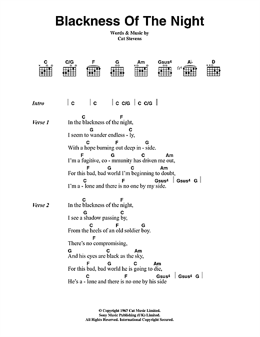 Cat Stevens Blackness Of The Night sheet music, chords, lyrics - Printable PDF for Lyrics & Chords