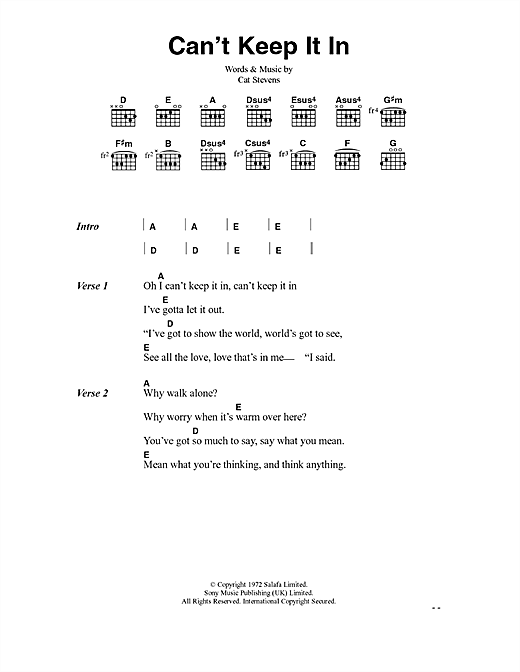 Learn to play Cat Stevens Can't Keep It In sheet music for Piano, Vocal & Guitar in minutes. Cat Stevens Can't Keep It In sheet music notes and chords