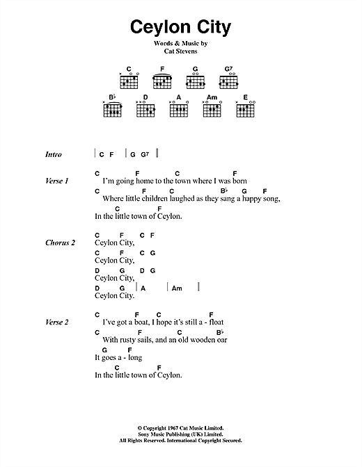 Cat Stevens Ceylon City sheet music, chords, lyrics - Printable PDF for Lyrics & Chords