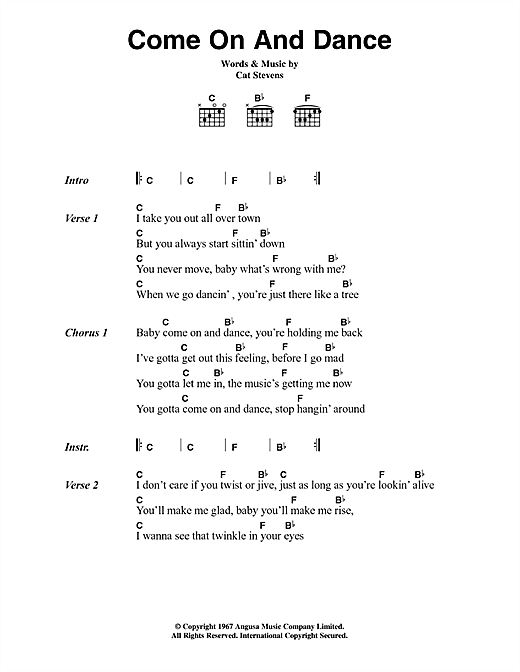 Cat Stevens Come On And Dance sheet music, chords, lyrics - Printable PDF for Lyrics & Chords