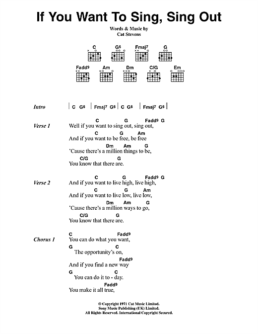 Cat Stevens If You Want To Sing Out, Sing Out (from the musical 'Moonshadow') sheet music preview music notes and score for Piano, Vocal & Guitar including 5 page(s)