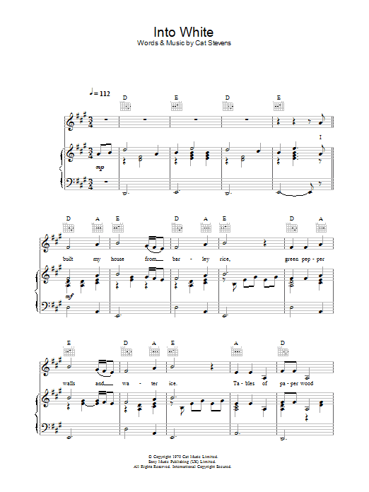 Learn to play Cat Stevens Into White sheet music for Piano, Vocal & Guitar (Right-Hand Melody) in minutes. Cat Stevens Into White sheet music preview music notes and score for Piano, Vocal & Guitar (Right-Hand Melody) including 5 page(s)