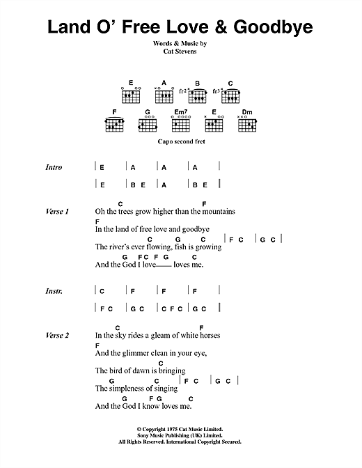 Cat Stevens Land O' Free Love & Goodbye sheet music, chords, lyrics - Printable PDF for Lyrics & Chords