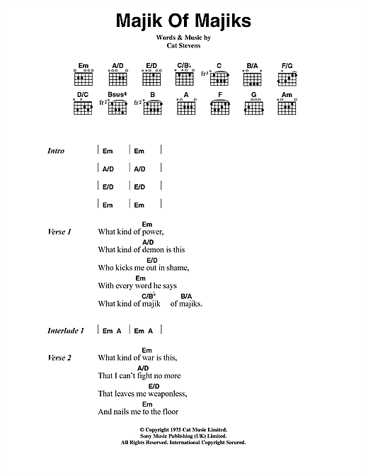 Cat Stevens Majik Of Majiks sheet music, chords, lyrics - Printable PDF for Lyrics & Chords