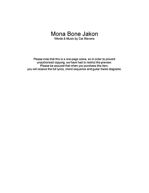 Cat Stevens Mona Bone Jakon sheet music, chords, lyrics - Printable PDF for Lyrics & Chords