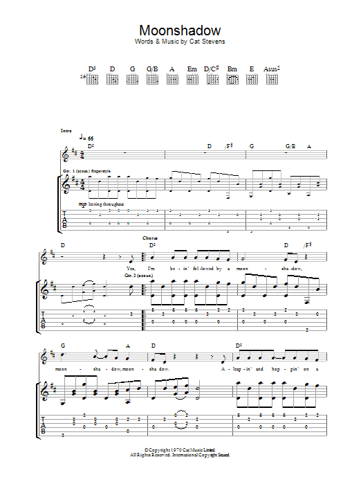 Cat Stevens Moonshadow sheet music preview music notes and score for Piano, Vocal & Guitar (Right-Hand Melody) including 5 page(s)