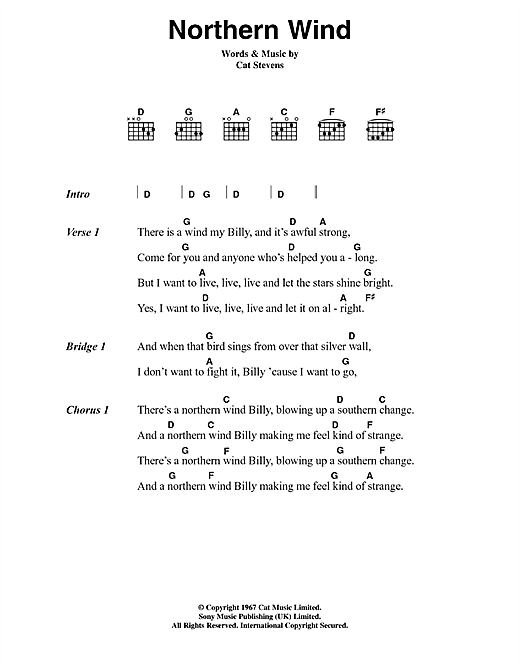 Cat Stevens Northern Wind sheet music, chords, lyrics - Printable PDF for Lyrics & Chords