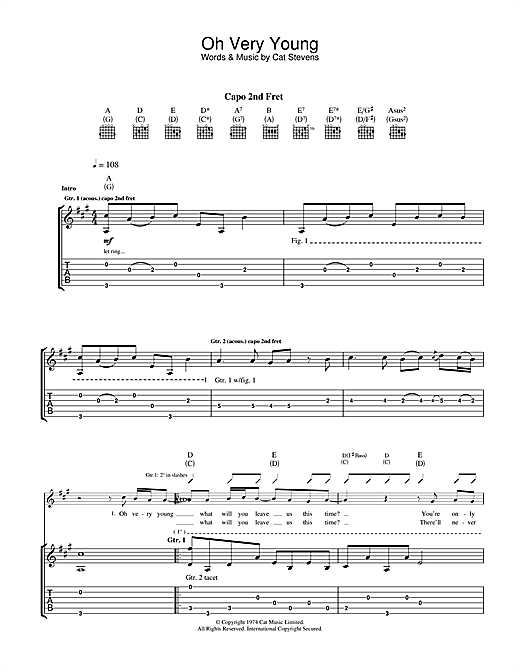 Learn to play Cat Stevens Oh Very Young sheet music for Guitar Tab in minutes. Cat Stevens Oh Very Young sheet music notes and chords