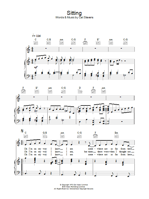 Cat Stevens Sitting (from the musical 'Moonshadow') sheet music preview music notes and score for Piano, Vocal & Guitar including 5 page(s)