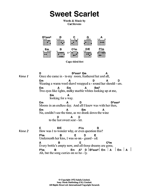Cat Stevens Sweet Scarlet sheet music, chords, lyrics - Printable PDF for Lyrics & Chords
