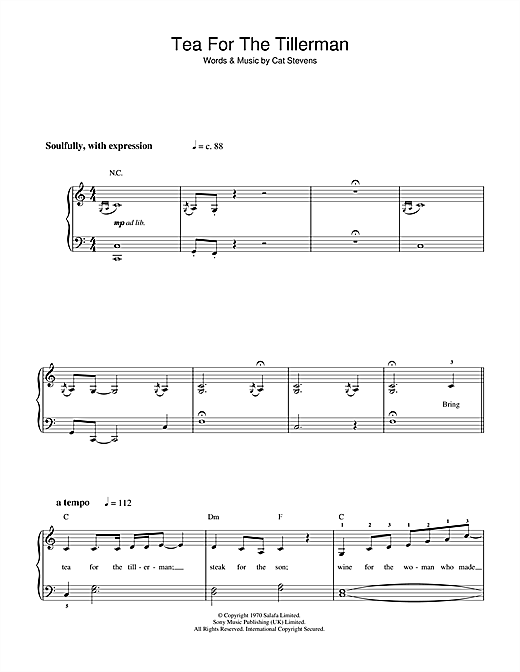Cat Stevens Tea For The Tillerman (closing theme from Extras) sheet music, chords, lyrics - Printable PDF for Lyrics & Chords