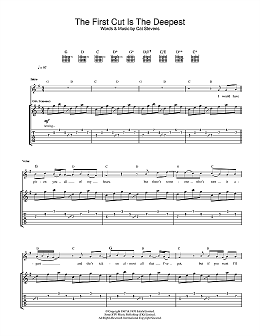 Learn to play Cat Stevens The First Cut Is The Deepest sheet music for Guitar Tab in minutes. Cat Stevens The First Cut Is The Deepest sheet music notes and chords
