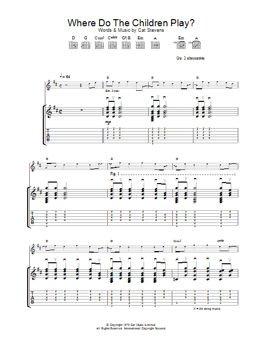 Cat Stevens Where Do The Children Play? sheet music preview music notes and score for Piano, Vocal & Guitar (Right-Hand Melody) including 6 page(s)