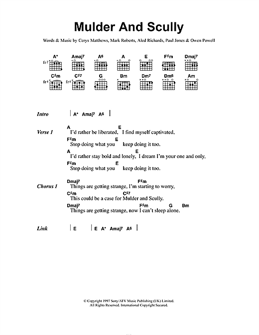 Catatonia Mulder And Scully sheet music, chords, lyrics - Printable PDF for Lyrics & Chords