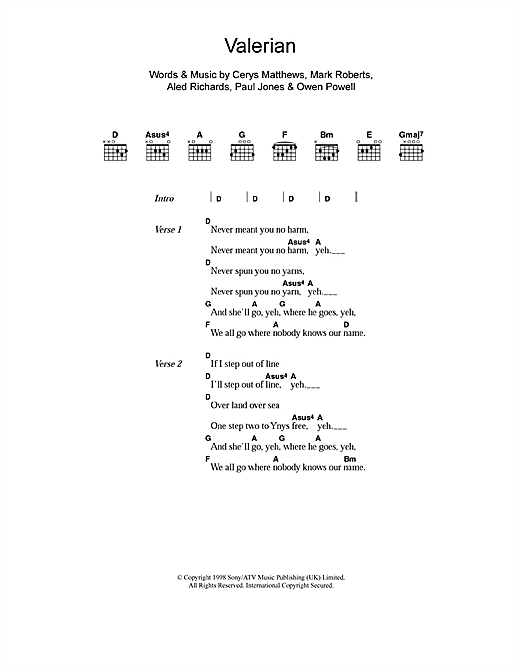 Learn to play Catatonia Valerian sheet music for Lyrics & Chords in minutes. Catatonia Valerian sheet music notes and chords