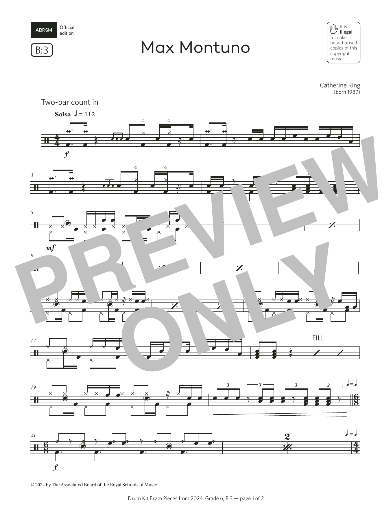 Catherine Ring Max Montuno (Grade 6, list B3, from the ABRSM Drum Kit Syllabus 2024) sheet music, chords, lyrics - Printable PDF for Drums